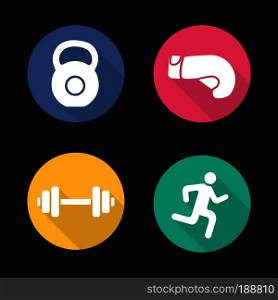 Sport flat design long shadow icons set. Gym barbell and kettlebell, running man and boxing glove. Active lifestyle vector symbols. Sport flat design long shadow icons set