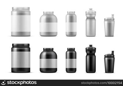 Sport food containers. Realistic drink bottles. Vector protein powder containers mockup isolated on white background. Container plastic for workout, protein to bodybuilding illustration. Sport food containers. Realistic drink bottles. Vector protein powder containers mockup isolated on white background