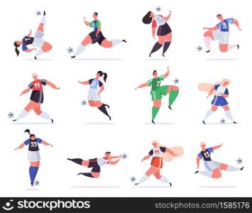 Sport football people. Soccer male and female characters, football people kicking ball, professional sportsmen vector illustration set. Characters playing in uniform, different positions. Sport football people. Soccer male and female characters, football people kicking ball, professional sportsmen vector illustration set