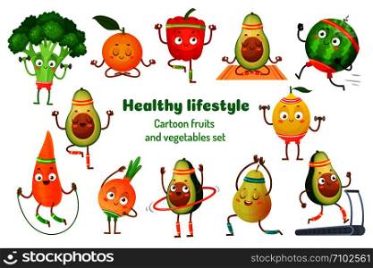 Sport fruits and vegetables. Healthy lifestyle mascots, fruit sports exercise and avocado yoga workout. Gym fitness vegetable charecter. Cartoon isolated vector illustration icons set. Sport fruits and vegetables. Healthy lifestyle mascots, fruit sports exercise and avocado yoga workout cartoon vector illustration set