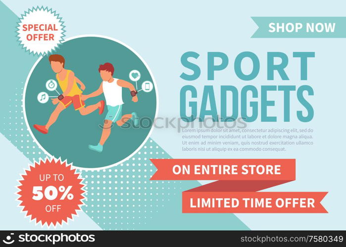 Sport gadget banner isometric background with editable text and images of running people with wearable accessories vector illustration