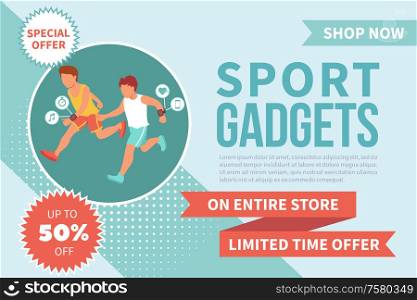 Sport gadget banner isometric background with editable text and images of running people with wearable accessories vector illustration