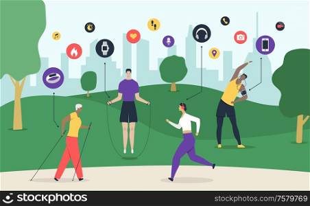 Sport gadget composition with people working out outdoors and circle icons of wearable gadgets with cityscape vector illustration