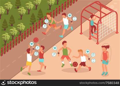 Sport gadget isometric composition with outdoor scenery and characters of teenage kids wearing electronic fitness accessories vector illustration
