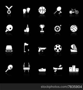 Sport game athletic icons with reflect on black background, stock vector
