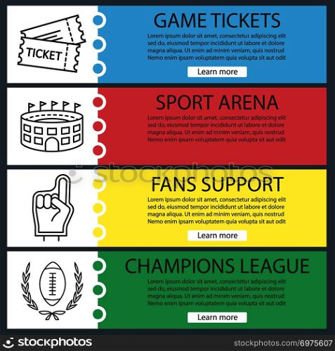 Sport game banner templates set. Tickets, arena, fans foam finger, football ball in laurel wreath. Website menu items with linear icons. Color web banner. Vector headers design concepts. Sport game banner templates set