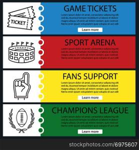 Sport game banner templates set. Tickets, arena, fans foam finger, football ball in laurel wreath. Website menu items with linear icons. Color web banner. Vector headers design concepts. Sport game banner templates set