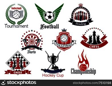 Sport game icons and symbols with trophies and heraldic design elements. Soccer or football, bowling, volleyball, hockey, basketball, chess and darts sport emblems. Sport games emblems and icons set