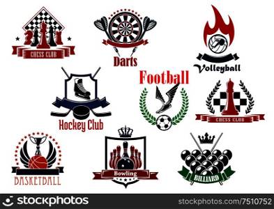 Sport game icons or emblems with football or soccer, chess, volleyball, ice hockey, darts, basketball, bowling and billiards items with heraldic elements. Sports games emblems, icons and symbols