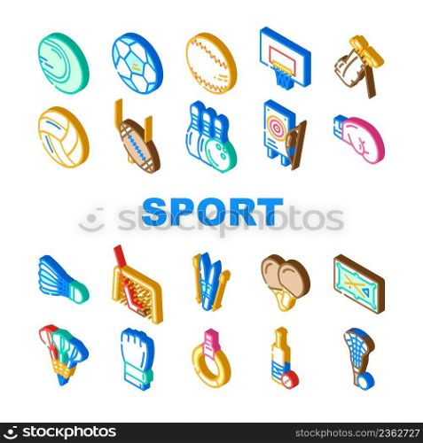 Sport Game Sportsman Activity Icons Set Vector. Rugby American Football And Soccer, Golf Cricket, Baseball Tennis, Basketball Volleyball Sport. Sportive Equipment Isometric Sign Color Illustrations. Sport Game Sportsman Activity Icons Set Vector