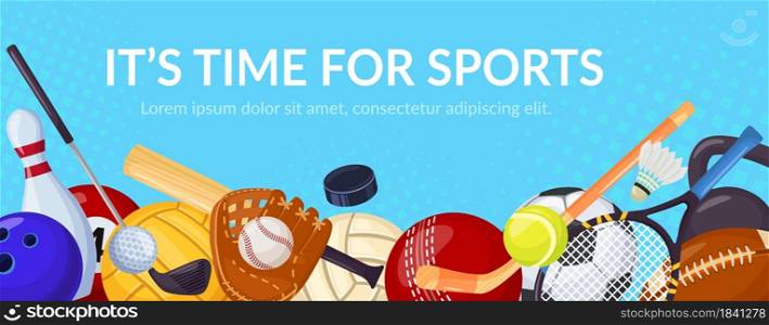 Sport games banner with sports equipment. Tennis, volleyball, football. Cartoon ball games sporting activity, healthy lifestyle vector background. Fitness items for hobby or leisure. Sport games banner with sports equipment. Tennis, volleyball, football. Cartoon ball games sporting activity, healthy lifestyle vector background
