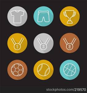 Sport games flat linear long shadow icons set. Soccer, basketball and tennis balls, gold, silver and bronze medals, winner's cup, sport uniform. Vector line illustration. Sport games flat linear long shadow icons set