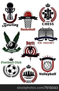 Sport games symbols and icons with items of soccer, football, basketball, ice hockey, billiards, bowling, volleyball, chess and darts. Supplemented by trophy cups and heraldic design elements. Sport games symbols and icons set