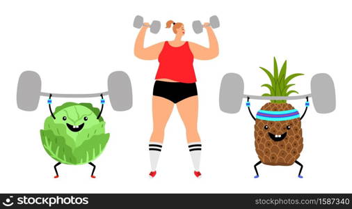 Sport girl and fruits. Healthy lifestyle vector concept. Dietology and vegetarianism. Sport girl and fruits