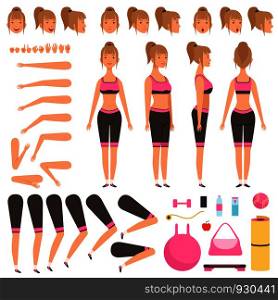 Sport girl animation. Fitness female characters body parts arms hands foot athlete workout vector constructor. Girl body, face and accessory for sport illustration. Sport girl animation. Fitness female characters body parts arms hands foot athlete workout vector constructor