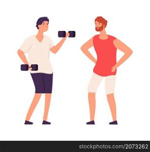 Sport guy swinging with dumbbells. Sporting workout with personal trainer. Isolated flat bodybuilder vector character. Sport guy and fitness exercise workout illustration. Sport guy swinging with dumbbells. Sporting workout with personal trainer. Isolated flat bodybuilder vector character