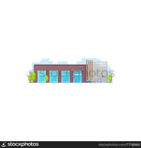Sport gym isolated city architecture building front view facade. Vector glass workout entertainment fitness center, urban city training gymnastic center with glass windows and trees, modern building. Fitness center building, cars on parking isolated