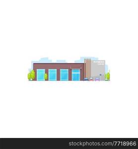 Sport gym isolated city architecture building front view facade. Vector glass workout entertainment fitness center, urban city training gymnastic center with glass windows and trees, modern building. Fitness center building, cars on parking isolated