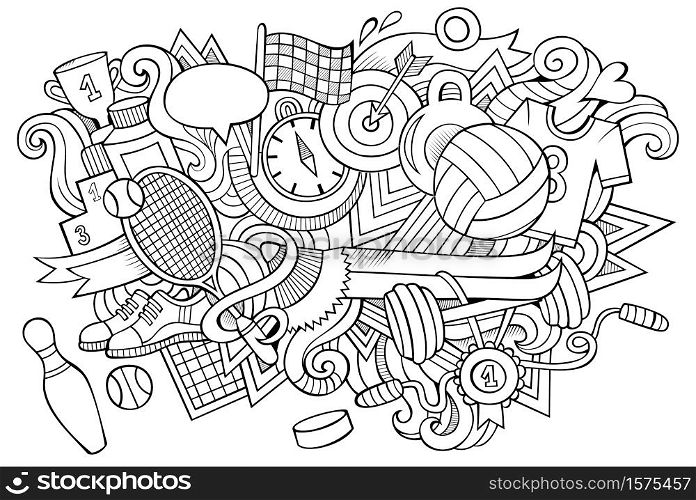 Sport hand drawn cartoon doodles illustration. Funny design. Creative art vector background. Fitness symbols, elements and objects. Sketchy composition. Sport hand drawn cartoon doodles illustration. Funny design.