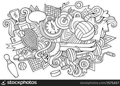 Sport hand drawn cartoon doodles illustration. Funny design. Creative art vector background. Fitness symbols, elements and objects. Sketchy composition. Sport hand drawn cartoon doodles illustration. Funny design.