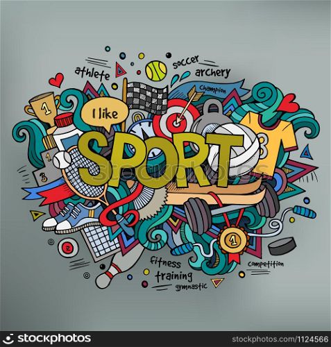 Sport hand lettering and doodles elements background. Vector illustration
