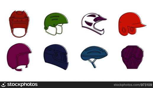 Sport helmet icon set. Color outline set of sport helmet vector icons for web design isolated on white background. Sport helmet icon set, color outline style