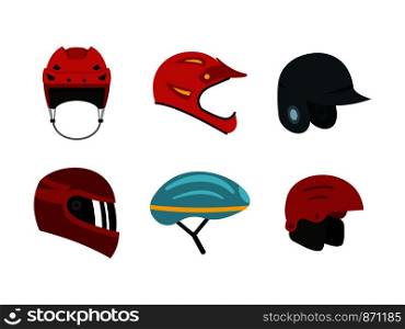 Sport helmet icon set. Flat set of sport helmet vector icons for web design isolated on white background. Sport helmet icon set, flat style