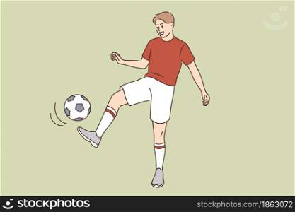 Sport hobby and active lifestyle concept. Young smiling man boy cartoon character kicking ball playing soccer in sportswear vector illustration . Sport hobby and active lifestyle concept