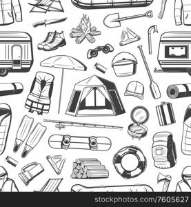 Sport hobby, camping and hiking recreation activities seamless pattern. Vector background of camp tent, camper trekking backpack, snowboarding and diving equipment, kayaking boat and travel van. Camping, hiking and leisure sport seamless pattern