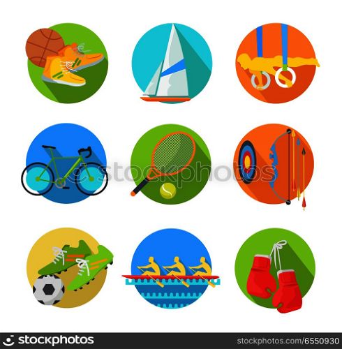 Sport icon set. Basketball, gymnastics, cycling, surfing, tennis, archery, football, rowing, boxing inventory, wear, athlete flat vector illustration isolated on white. For game, store app, web design. Sports Flat Vector Icons Collection