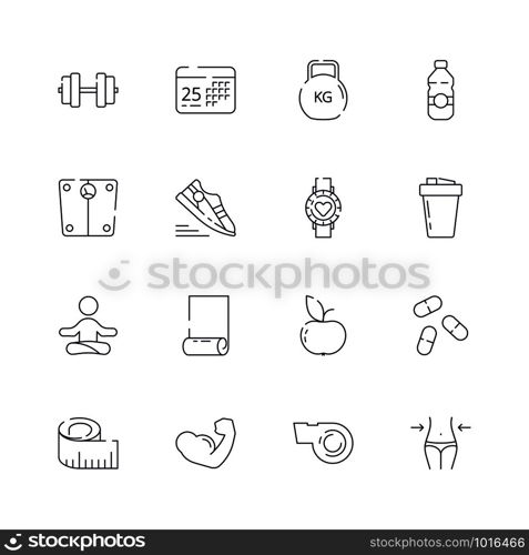 Sport icons. Fitness athlete nutrition aerobics fit coaching healthy food vector thin line symbols. Fit and sport, kettlebell and nutrition illustration. Sport icons. Fitness athlete nutrition aerobics fit coaching healthy food vector thin line symbols