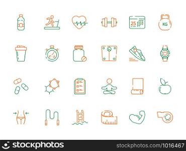 Sport icons. Gym and fitness exercise workout supplements personal training vector colored pictures. Illustration of healthy sport, heartbeat and scales, sneakers and whistle. Sport icons. Gym and fitness exercise workout supplements personal training vector colored pictures