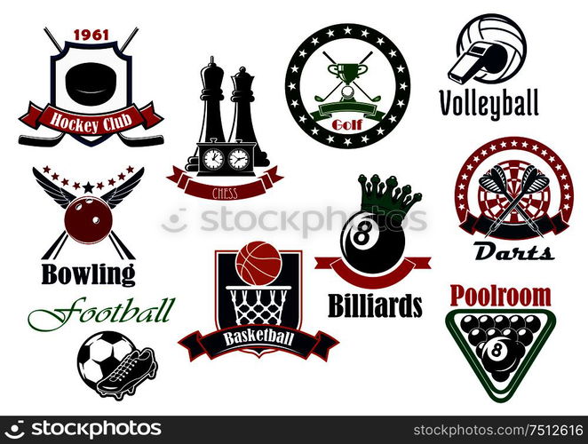 Sport icons with football and soccer, ice hockey and basketball, volleyball and golf, billiards, darts, chess and bowling game items. Heraldic sport icons with game items