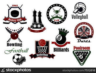 Sport icons with football and soccer, ice hockey and basketball, volleyball and golf, billiards, darts, chess and bowling game items. Heraldic sport icons with game items
