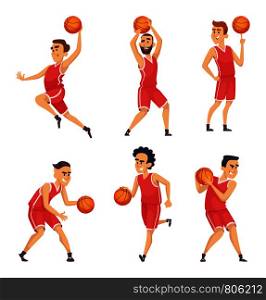 Sport illustrations. Characters set of basketball team. Player of team with ball vector. Sport illustrations. Characters set of basketball team