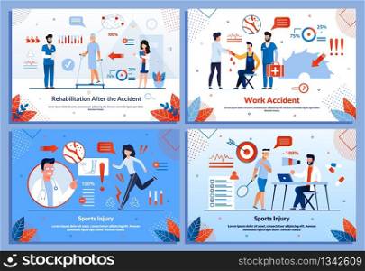 Sport Injury and Trauma after Accident Flat Banner Set. First Aid, Rehabilitation for Disabled People. Doctor Traumatologist Examining Patients, Sportsman in Clinic Office. Vector Cartoon Illustration. Sport Injury and Trauma after Accident Banner Set