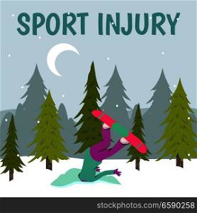 Sport injury flat colorful composition with winter landscape with trees snow and human character of injured person vector illustration. Winter Sports Damage Background