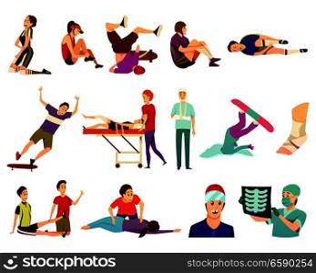 Sport injury flat colorful icons collection of isolated athletes suffering from traumas and sports medicine doctors vector illustration. Injured Players Character Set