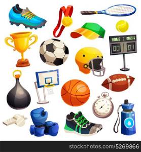 Sport Inventory Decorative Icons Set. Sport inventory decorative icons set with basketball soccer rugby balls boxing gloves tennis racket isolated flat vector illustration