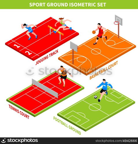 Sport Isometric Concept. Isometric concept with jogging track and colorful courts and grounds for various sport games isolated on white background vector illustration