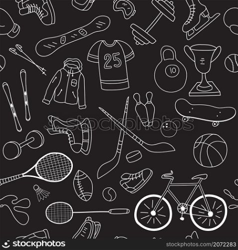 Sport items, sport equipment doodle seamless pattern on black background. Health activity theme. Vector illustration.