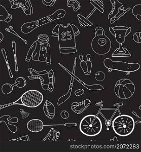 Sport items, sport equipment doodle seamless pattern on black background. Health activity theme. Vector illustration.