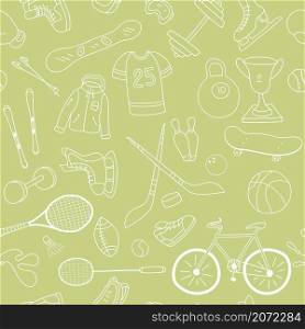 Sport items, sport equipment doodle seamless pattern on green background. Health activity theme. Vector illustration.