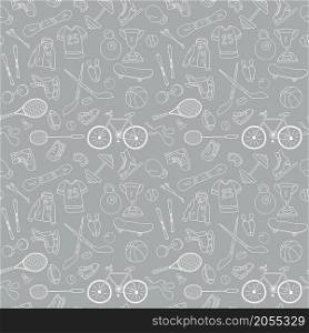 Sport items, sport equipment doodle seamless pattern on grey background. Health activity theme. Vector illustration.