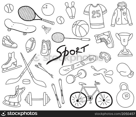 Sport items, sport equipment doodle set collection on white background. Health activity theme. Vector illustration.
