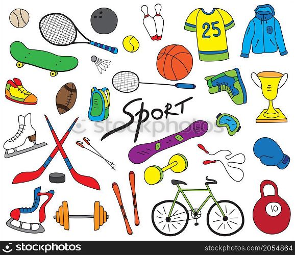 Sport items, sport equipment doodle set collection on white background. Health activity theme. Vector illustration.