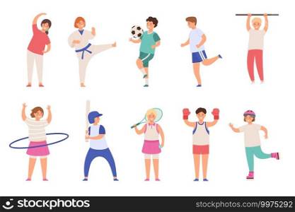 Sport kids. Children play football and tennis, doing exercise and karate, run and boxing. Boys and girls physical activities flat vector set. Teenagers in uniform and with equipment. Sport kids. Children play football and tennis, doing exercise and karate, run and boxing. Boys and girls physical activities flat vector set