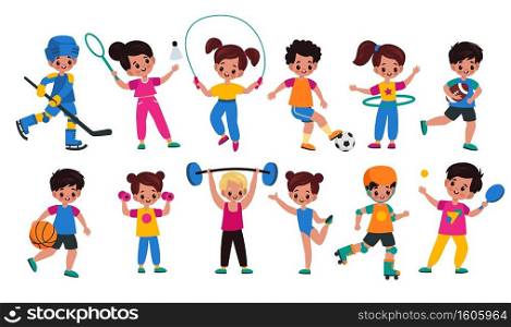 Sport kids. Children with sports attributes, boys and girls with different balls, fitness accessories and rackets. Young characters plays hockey and tennis, rugby and basketball. Cartoon vector set. Sport kids. Children with sports attributes, boys and girls with different balls, fitness accessories and rackets. Young characters plays hockey, tennis and basketball. Cartoon vector set