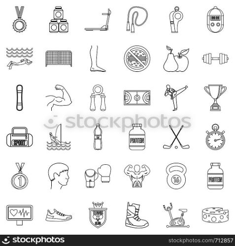 Sport life icons set. Outline style of 36 sport life vector icons for web isolated on white background. Sport life icons set, outline style