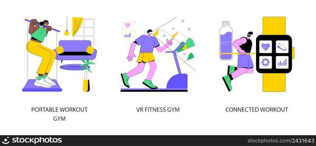 Sport lifestyle abstract concept vector illustration set. Portable workout gym, VR fitness, connected workout, home workout system, virtual reality training session, smart gym abstract metaphor.. Sport lifestyle abstract concept vector illustrations.